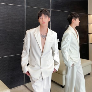 韩国高定立体刺绣花西服套装男设计个性透纱男婚纱礼服西裤两件套