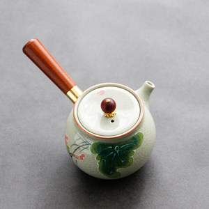 哥窑开片茶壶泡茶器侧把壶木柄单壶陶瓷功夫茶具手工绘制防烫茶壶