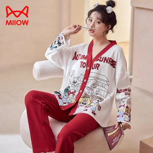 猫人女款睡衣夏季纯棉薄款开衫长袖套装中国网红风卡通印花家居服