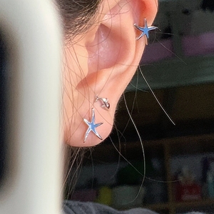 蓝色海星耳钉女S925银养耳洞珐琅滴釉小众设计感可爱小巧耳饰耳环