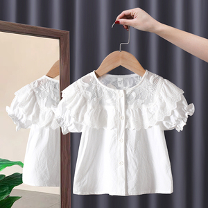 【清仓】女童新款短袖衬衣夏季纯棉衣服娃娃领花边洋气休闲半袖