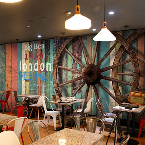 复古怀旧木纹装饰壁画木板车轮立体墙纸KTV酒吧咖啡厅工业风壁纸