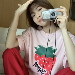 pudding 2022春夏 草莓baby百搭宽松圆领短袖t恤 棉tee 3色上衣