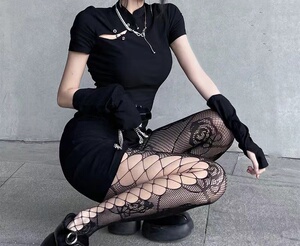 辣妹美腿网红款拼接性感提花镂空渔网袜黑丝袜子女ins潮jk连裤袜