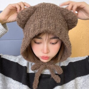 系绳可爱小熊耳朵毛绒帽子女冬季保暖护耳帽针织毛线帽