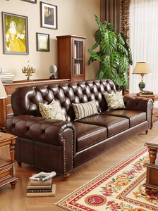美式沙发复古做旧三人拉扣沙发油蜡真皮头层牛皮意式客厅简美乡村