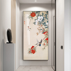 喜上眉梢玄关装饰画中式竖版花鸟壁画中国风轻奢客厅楼梯过道挂画