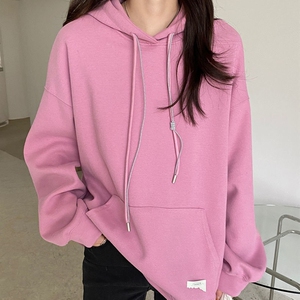 设计感抽绳贴布绣袋鼠兜玫粉色连帽卫衣女宽松口袋纯色套头上衣潮