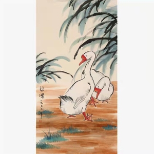 徐悲鸿字画手绘三尺竖幅写意鹅趣名人国画古玩装饰收藏送礼赠证书