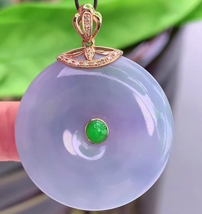缅甸新款18k金镶嵌冰糯种紫色紫罗兰平安扣吊坠鉴定天然a翡翠挂坠