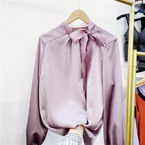 熙雨韩洋气设计感小众上衣女蝴蝶结立领灯笼袖重工缎面衬衫雪纺衫