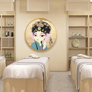 采耳装饰画卡通复古怀旧采耳店背景墙宣传海报挂画圆形轻奢晶瓷画