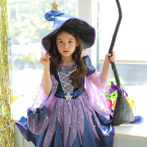 万圣节儿童服装蓝精灵女巫女童连衣裙舞台礼服巫婆服配扫把