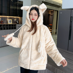 兔耳朵会动的仿兔毛连帽棉衣外套女冬季新款纯色加绒加厚保暖棉服