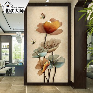 大型壁纸玄关背景墙纸走廊过道定制壁画现代简约中式蝴蝶荷花墙布