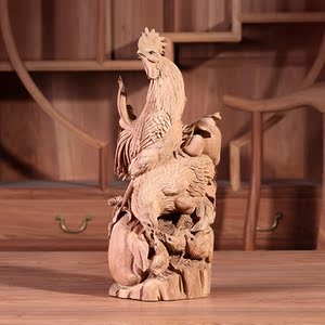 全家福童胜富根雕木雕公鸡摆件送礼工艺品檀香纯手工定制实木礼品