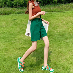 绿色五分牛仔短裤女薄款高腰显瘦2022年新款夏季宽松辣妹阔腿热裤
