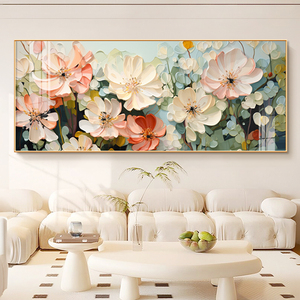 繁花似锦大芬油画村奶油风装饰画温馨花卉客厅沙发背景墙横版壁画