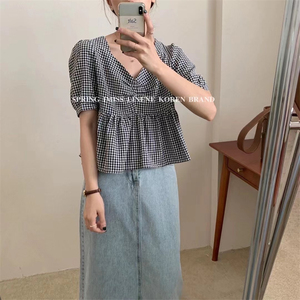 imiss韩国夏季经典格子v领短袖衬衫女设计感荷叶边褶皱短款上衣