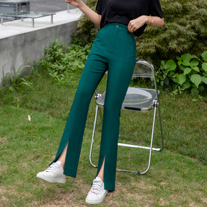 墨绿色开叉微喇叭裤女高腰显瘦20221新款早春夏季薄款休闲阔腿裤