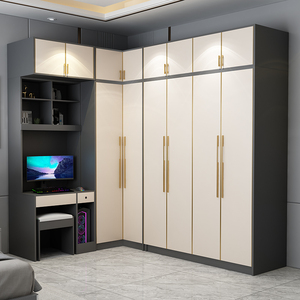 家用卧室l型衣柜主卧7字形柜子组合带书桌简约组装转角衣橱带妆台