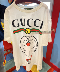 gucci古奇21夏哆啦a梦联名象白色机器叮当猫条纹t恤男女宽松款