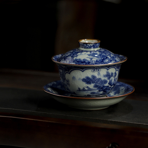景德镇柴窑青花陶瓷三才盖碗套装盖碗功夫茶具不烫手单个泡茶碗