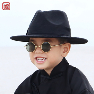 儿童礼帽平沿英伦爵士帽舞台表演写真上海滩复古黑色毛呢绅士帽子