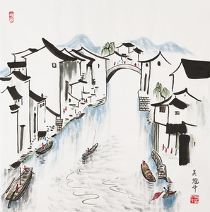 过道装饰画中国风书房书画挂画吴冠中江南水乡风景水墨画25人付款136