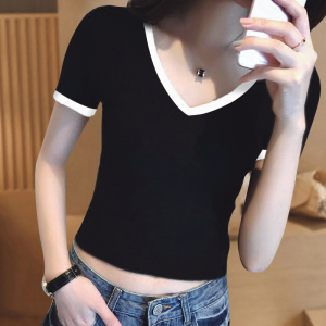 紧身短袖t恤女短款ins潮露脐上衣纯棉高腰t桖漏肚脐黑色小众体恤