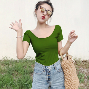白色t恤女短袖低领紧身纯棉2021新款大领口露背牛油果绿上衣女夏
