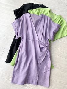 100亚麻舒适~瑞典OS夏季蝙蝠袖V领修身短裙交叉系带一片式连衣裙
