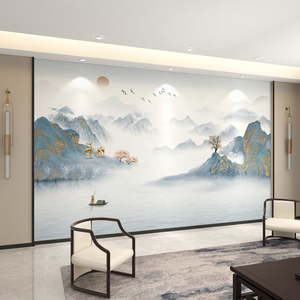 新中式8d壁画办公室山水画壁纸客厅沙发背景墙壁纸茶室水墨画墙纸