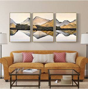 设计师客厅装饰画现代简约沙发背景墙山水画风水手绘三联壁画新中