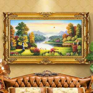 手绘油画欧美式客厅装饰画餐厅风景山水玄关挂壁画聚宝盆三只小鹿