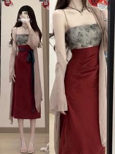 中国风汉服禅意红色旗袍套装女夏季高级感气质新中式改良连衣裙子