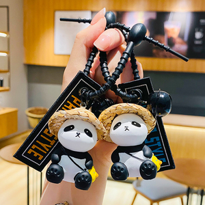 正版创意草帽小伙伴熊猫系列汽车挂件钥匙扣链手绳扣背包铃铛情侣