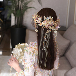 ete新娘中式婚礼秀禾公主披发古装头饰气质粉色流苏套装发饰