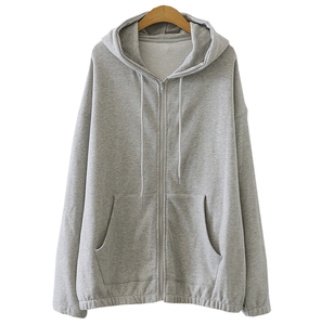 日本外贸女装出口牛货原单百搭灰色拉链开衫连帽卫衣女宽松外套
