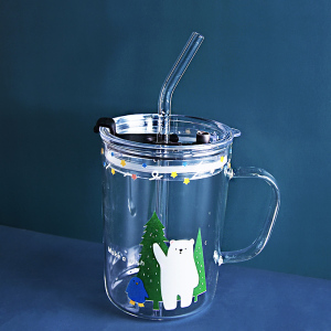 可爱带盖玻璃杯带吸管水杯少女简约清新可爱马克杯有刻度早餐杯子