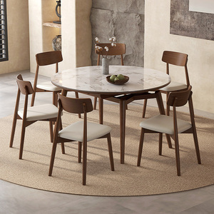 北欧实木餐桌可伸缩岩板圆形1.2m饭桌橡木家用小户型方圆两用餐桌