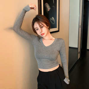 v领超短上衣女高腰短款露脐紧身t恤性感修身长袖打底衫内搭秋冬潮