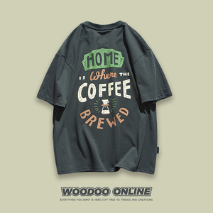 手磨咖啡 WOODOO 设计师品牌 日系字母趣味咖啡杯印花 男女T恤