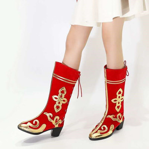 少数民族舞蹈鞋藏族蒙古族新疆舞蹈靴男长筒舞台表演鞋高跟女靴子