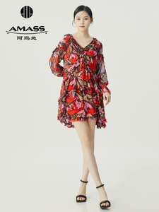 【官方正品】AMASS 复古浪漫红色印花飘纱洋装连衣裙女5500530-2