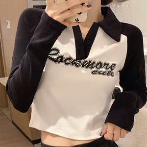 撞色复古polo衫短款长袖t恤女春秋内搭螺纹打底衫半开领百搭上衣