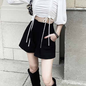 mucha原创 黑色短裤高腰显瘦阔腿裤休闲裤a字短裤西装裤女夏裤子