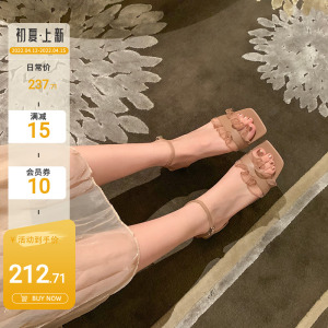 【sheii苏茵茵】带点小心机~新款方头一字带蕾丝花边粗跟凉鞋女鞋