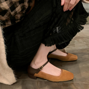 【sheii苏茵茵】松岛白茶~方头绒面拼接扣带平底单鞋女玛丽珍单鞋