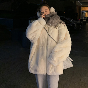 大码女装仿兔毛皮草外套胖妹妹立领水貂毛大衣宽松加厚羊羔毛上衣